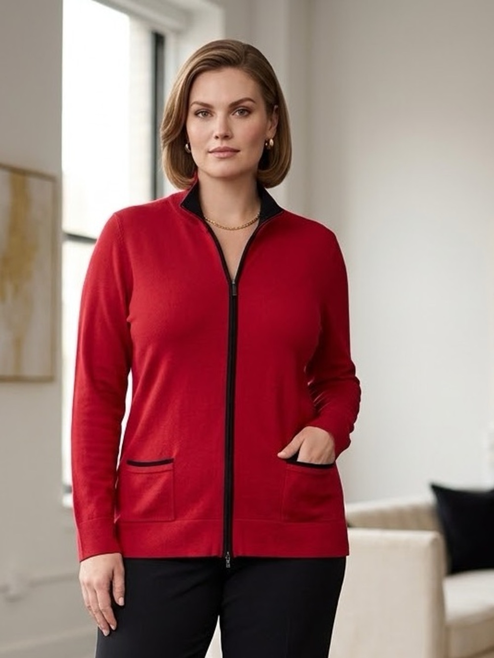 Vintage ELENA MIRO Women Red Sweater size XL full Zipper Cardigan Tunic Pockets